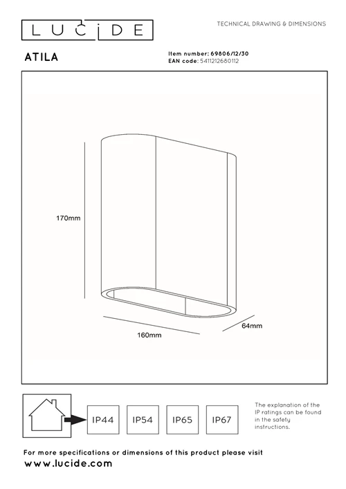 Lucide ATILA - Applique murale Intérieur/Extérieur - LED Dim. - 2x5W 2700K - IP54 - Noir - technique
